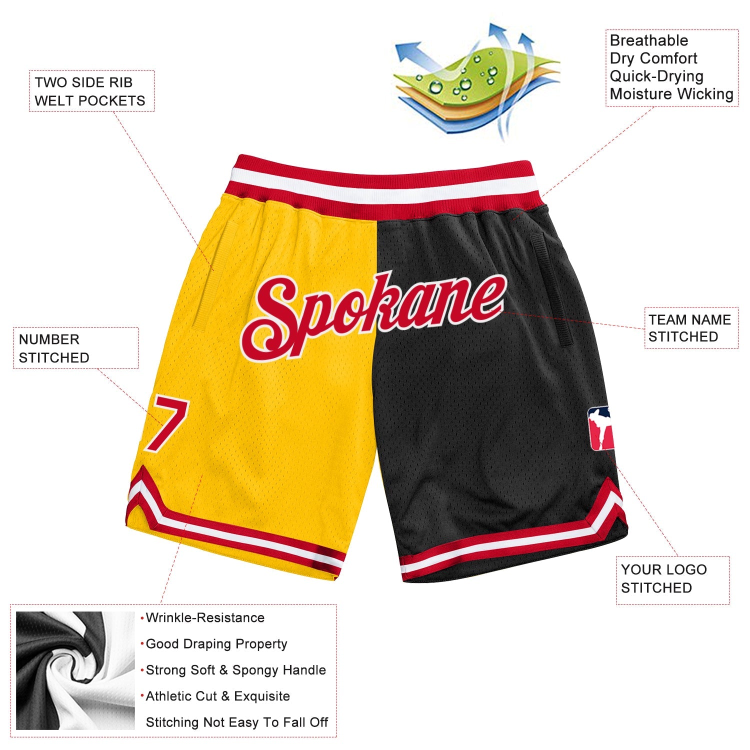 Custom Gold Red-Black Authentic Throwback Split Fashion Basketball Shorts view 2