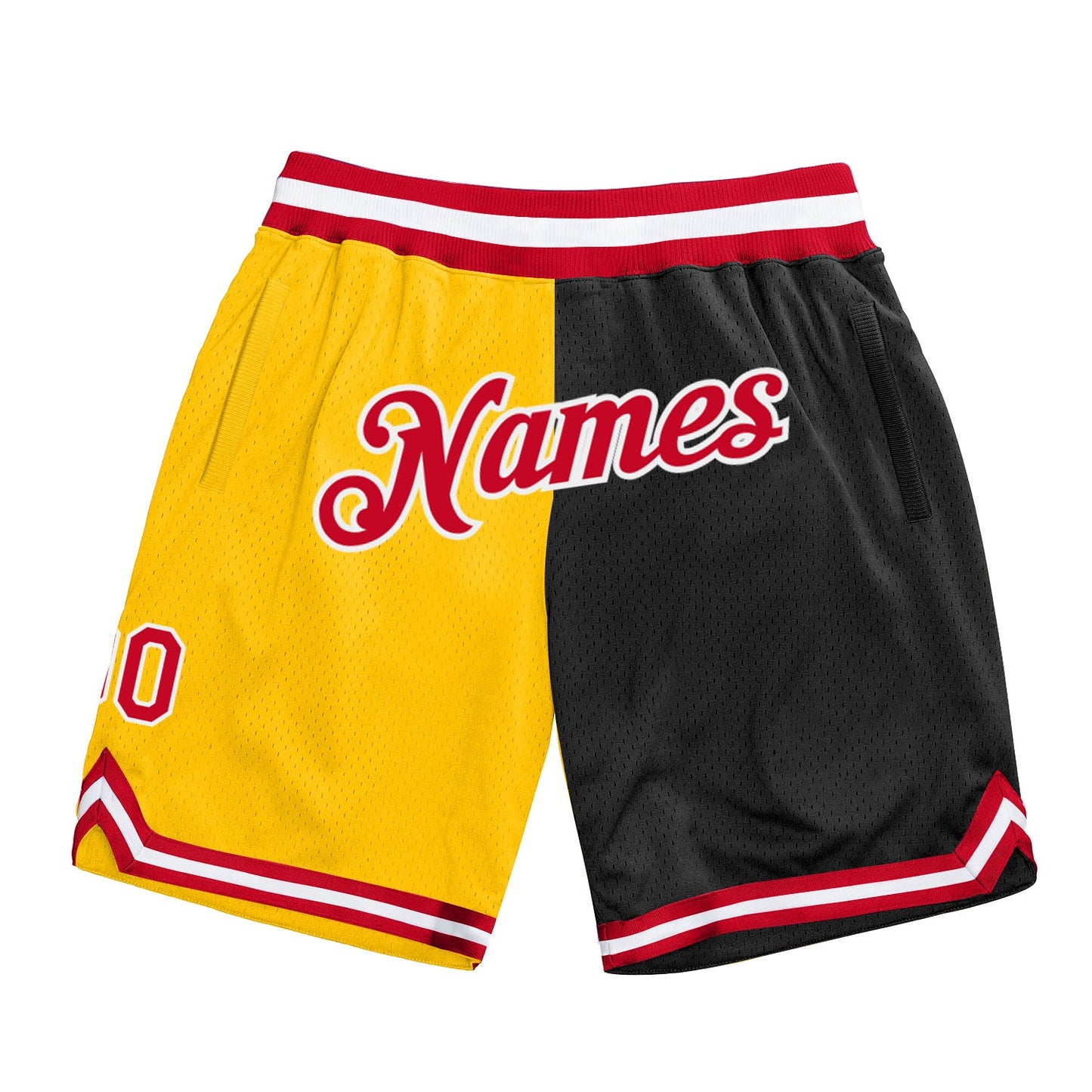 Custom Gold Red-Black Authentic Throwback Split Fashion Basketball Shorts - Main View