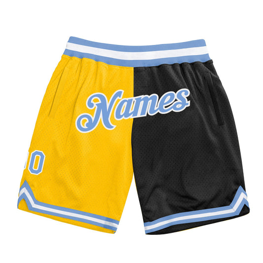 Custom Gold Light Blue-Black Authentic Throwback Split Fashion Basketball Shorts - Main View