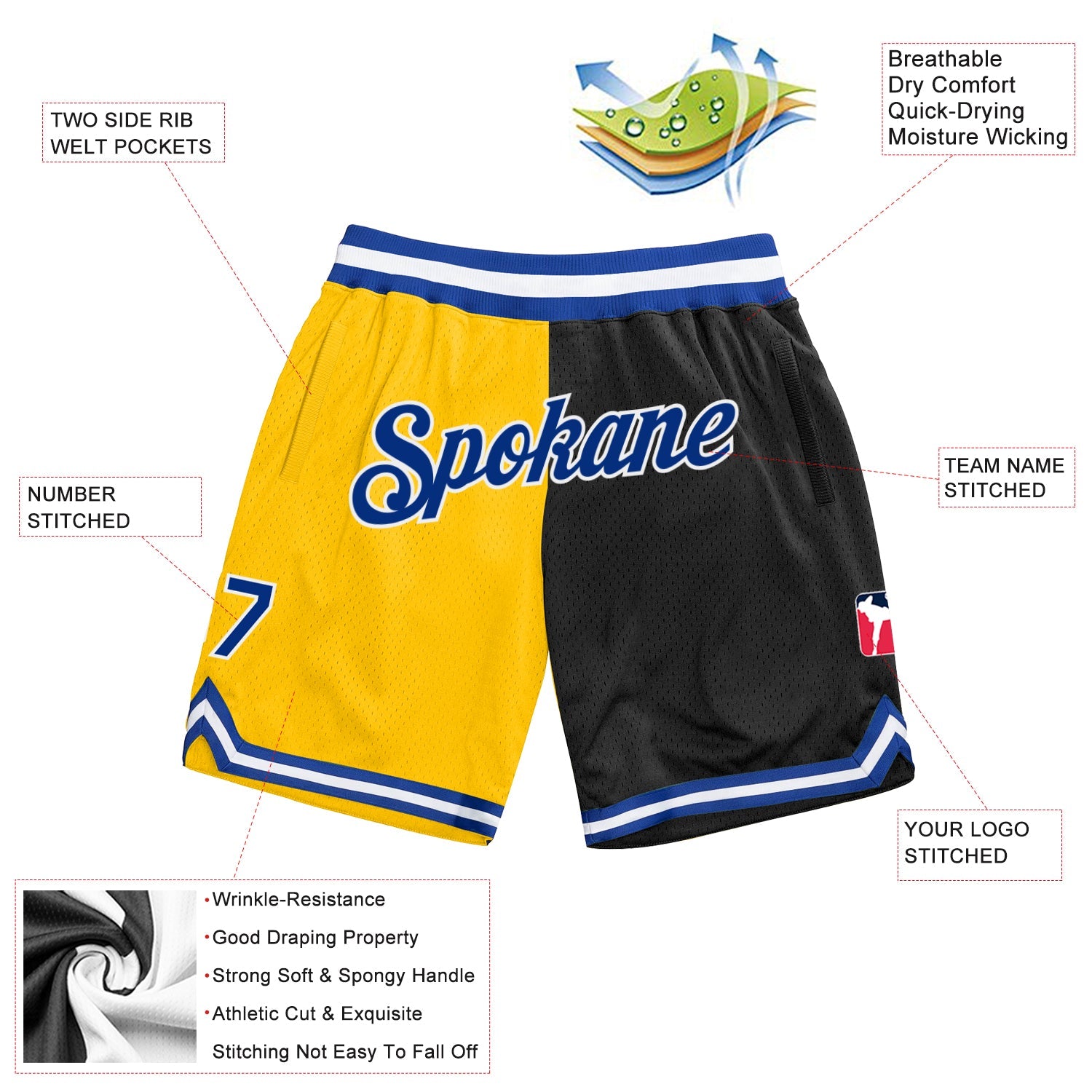 Custom Gold Royal-Black Authentic Throwback Split Fashion Basketball Shorts view 2