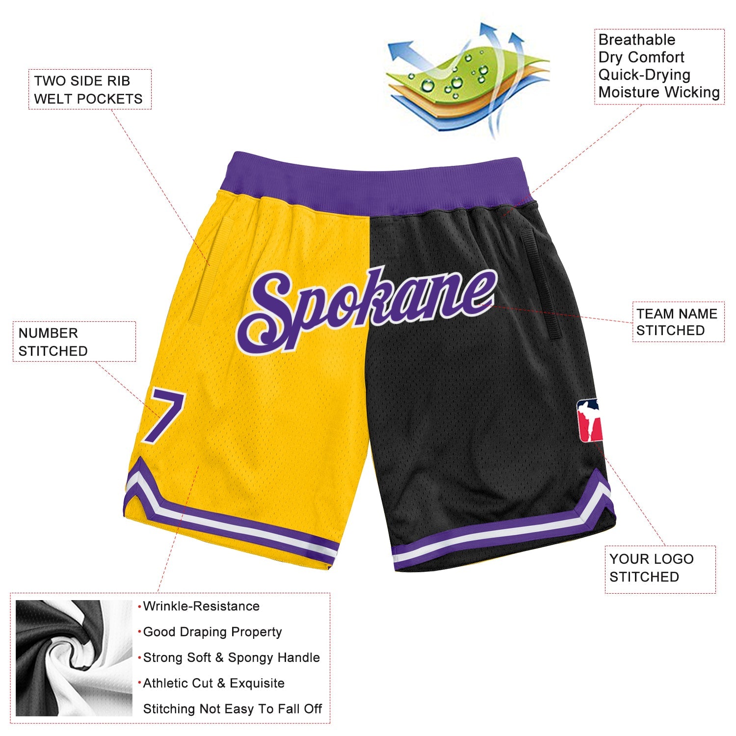 Custom Gold Purple-Black Authentic Throwback Split Fashion Basketball Shorts view 2