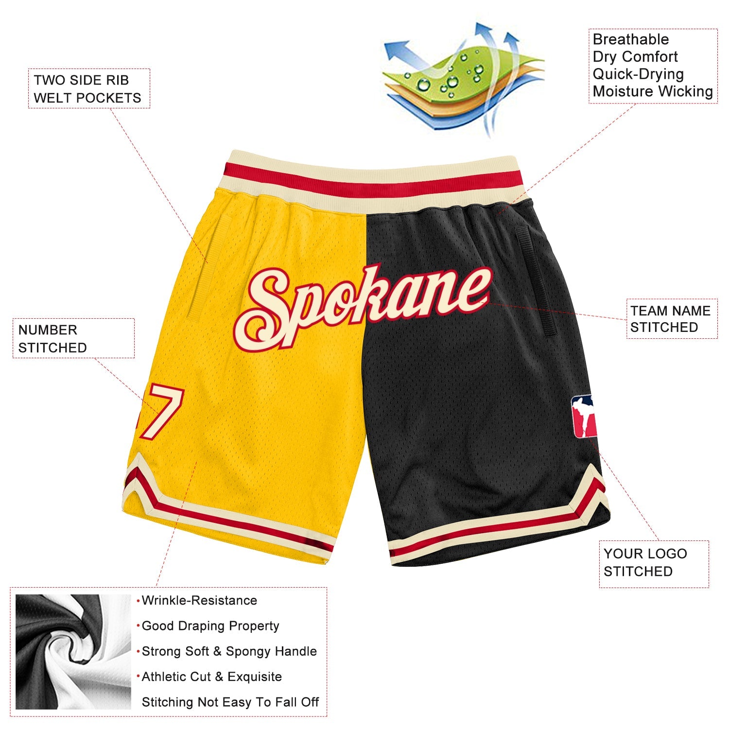 Custom Gold Cream-Black Authentic Throwback Split Fashion Basketball Shorts view 2