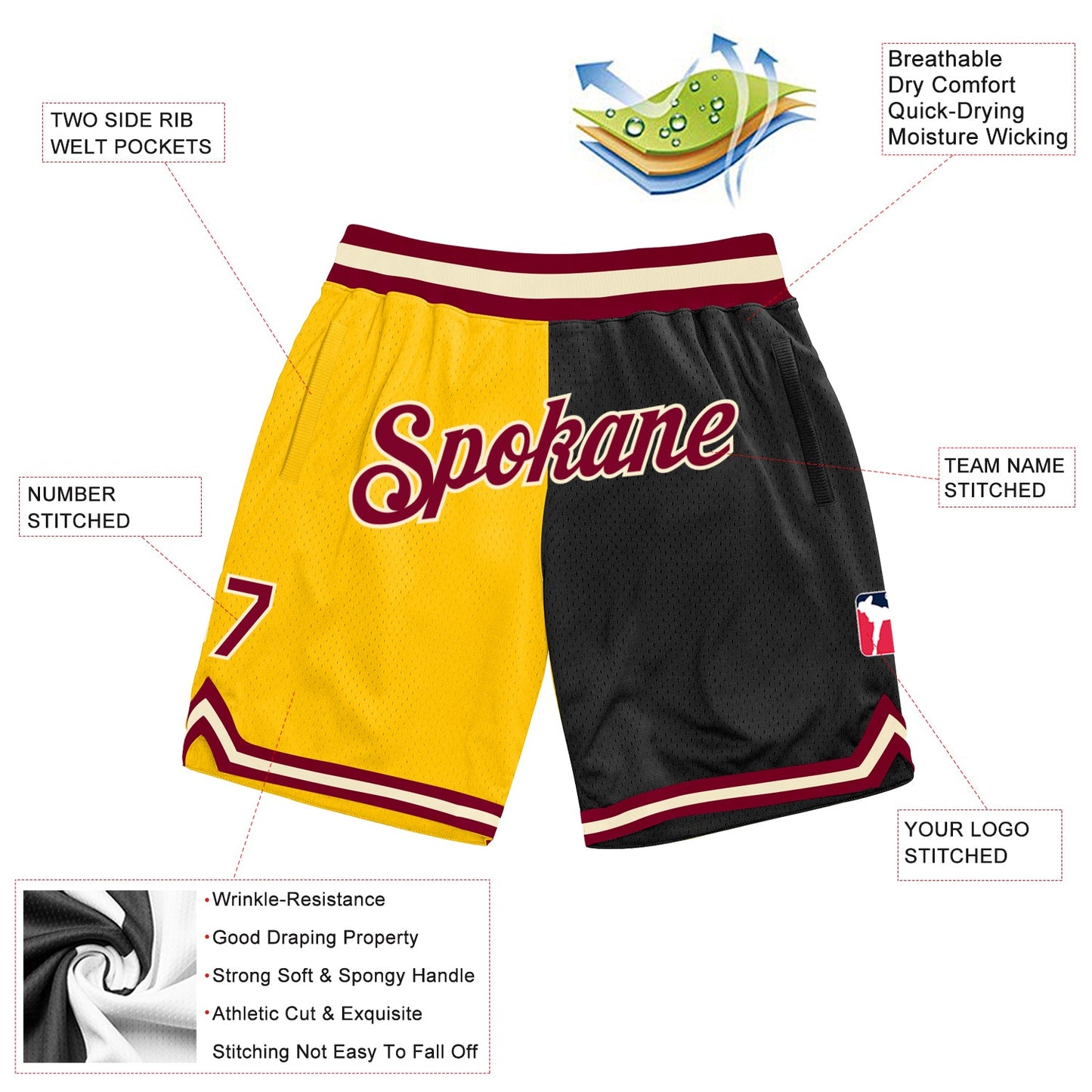 Custom Gold Maroon-Black Authentic Throwback Split Fashion Basketball Shorts view 2
