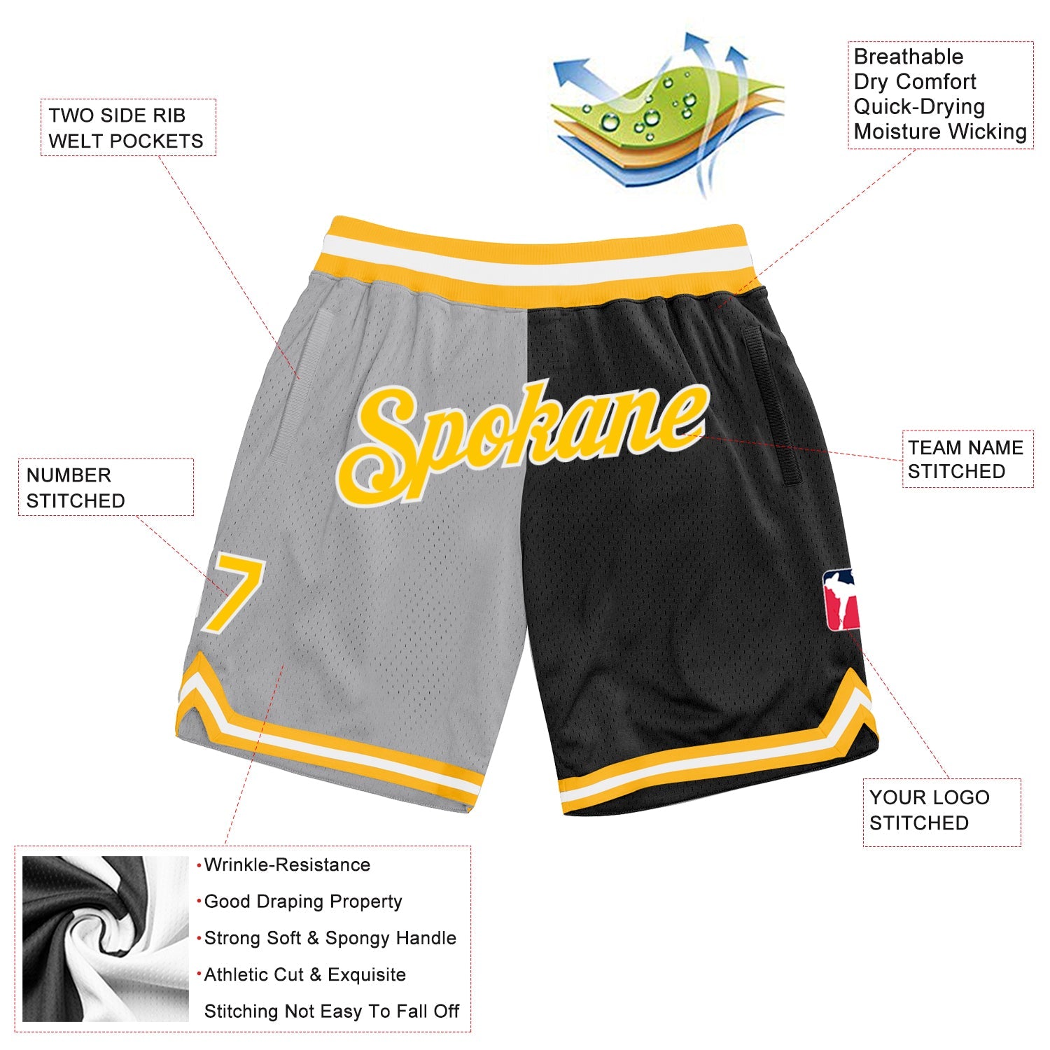 Custom Gray Gold-Black Authentic Throwback Split Fashion Basketball Shorts view 2