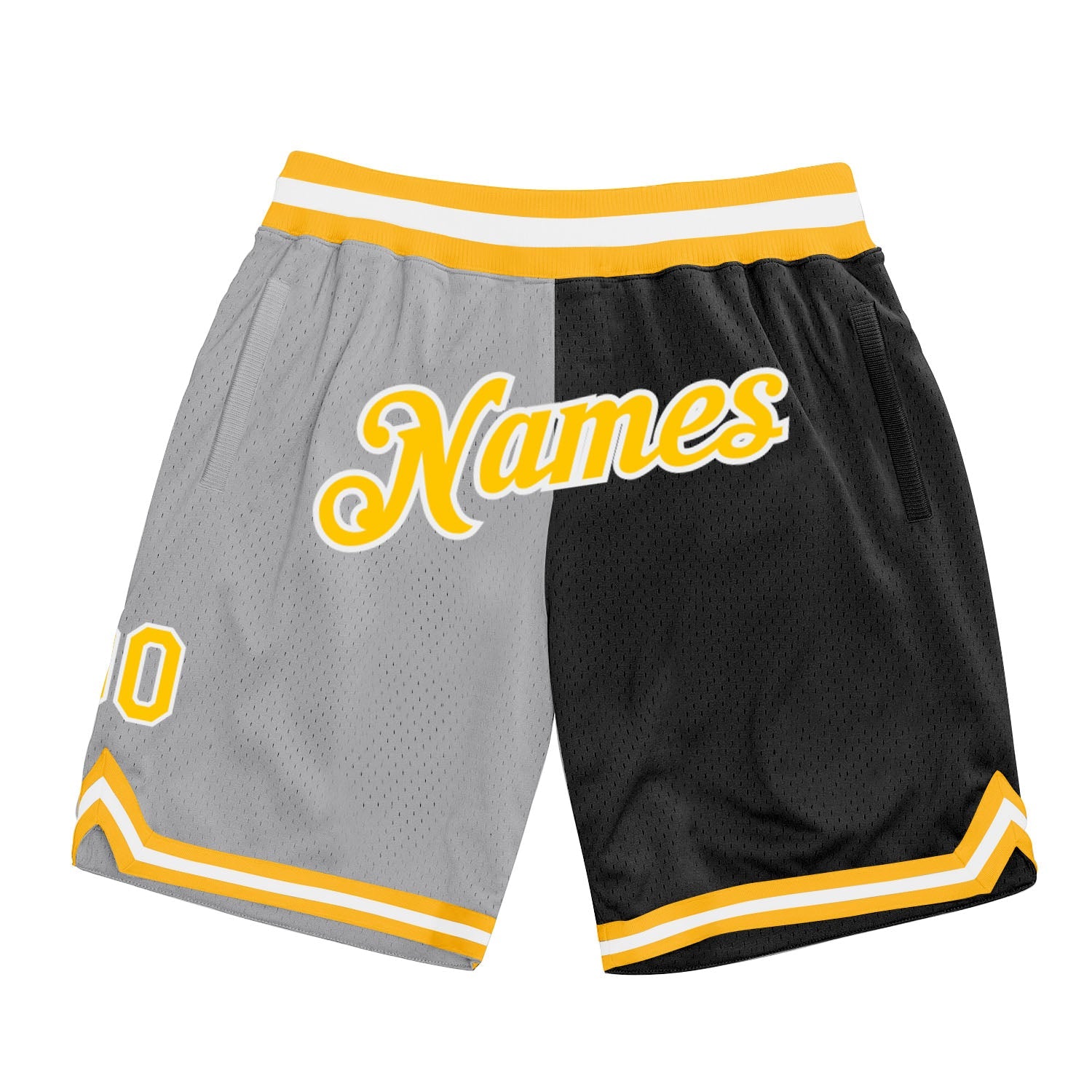 Custom Gray Gold-Black Authentic Throwback Split Fashion Basketball Shorts - Main View