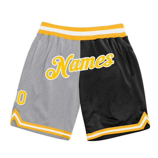 Custom Gray Gold-Black Authentic Throwback Split Fashion Basketball Shorts - Main View