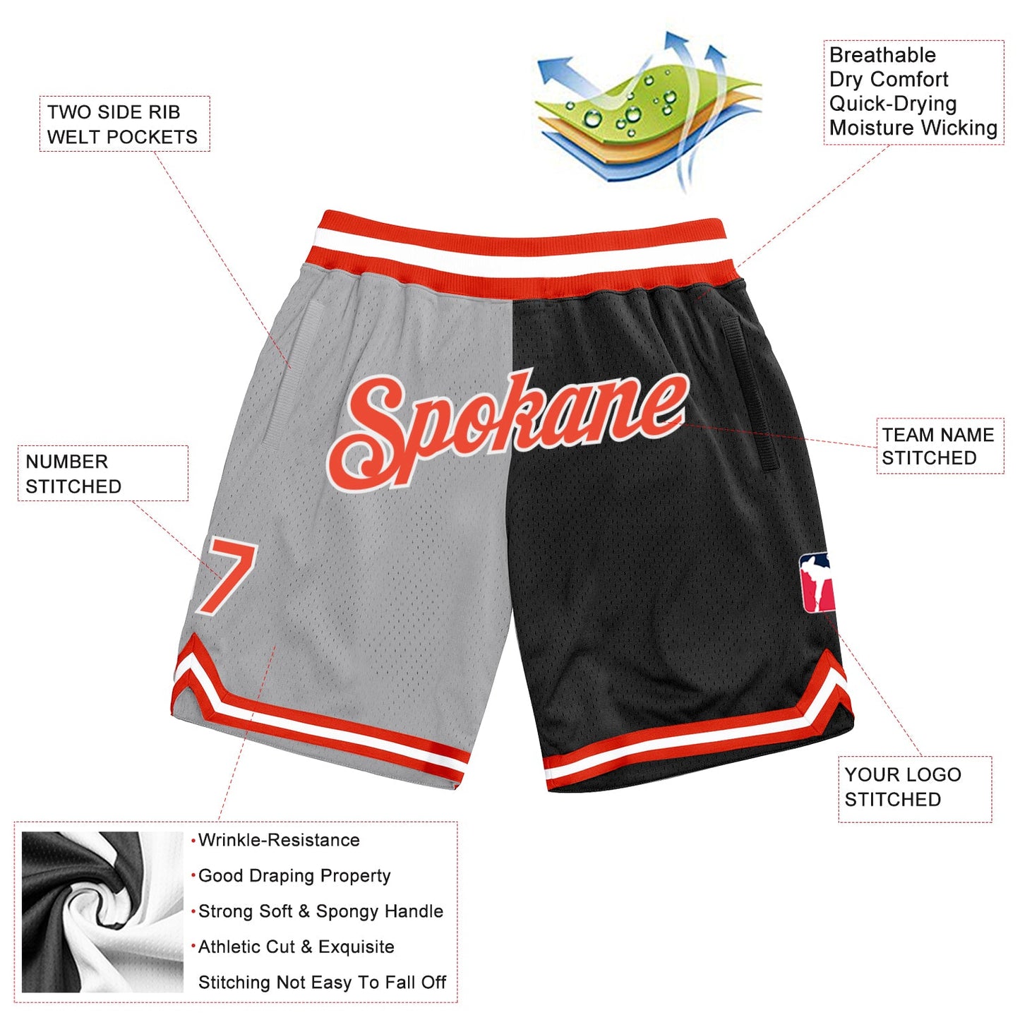 Custom Gray Orange-Black Authentic Throwback Split Fashion Basketball Shorts view 2