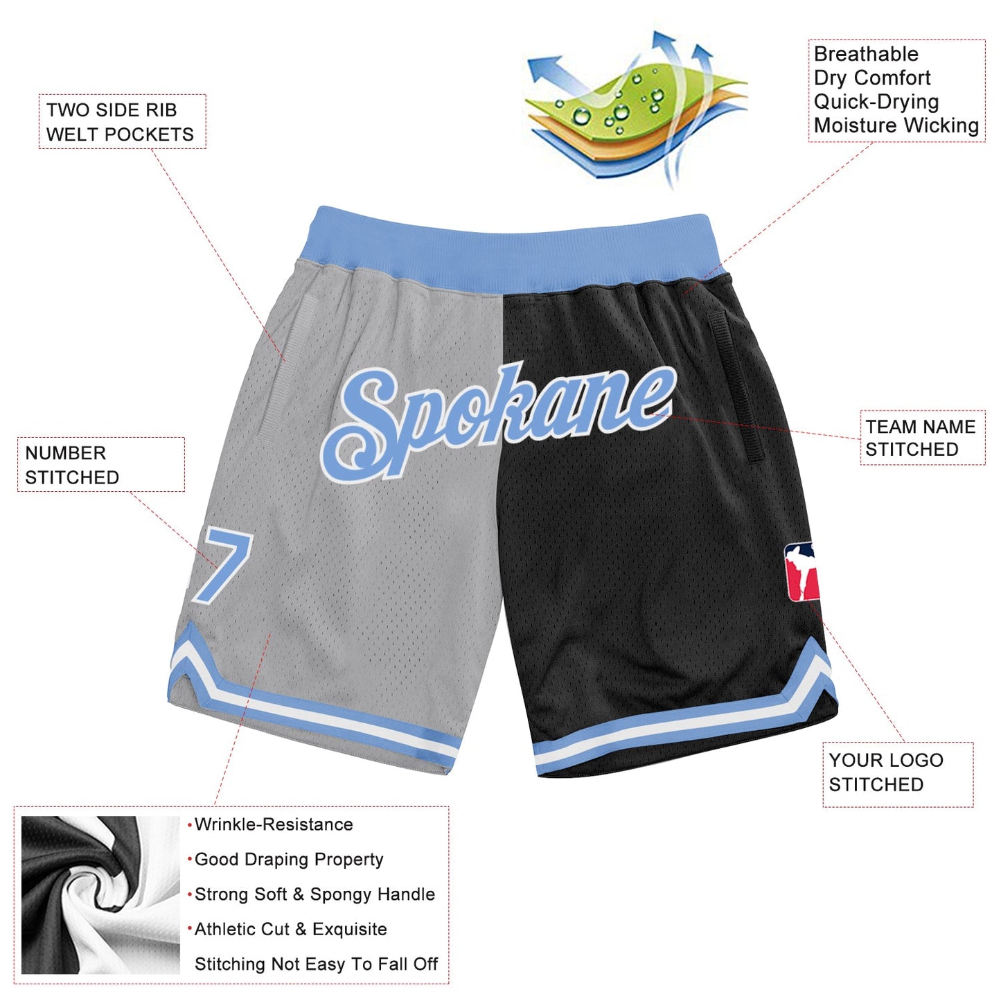 Custom Gray Light Blue-Black Authentic Throwback Split Fashion Basketball Shorts view 2