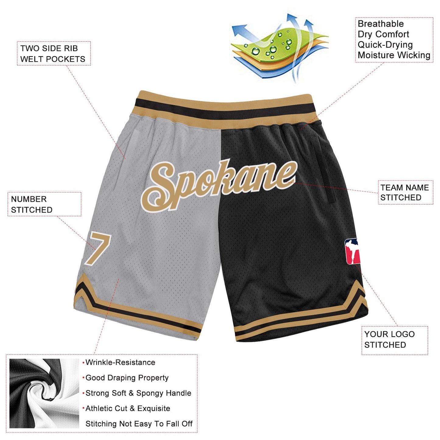 Custom Gray Old Gold-Black Authentic Throwback Split Fashion Basketball Shorts view 2