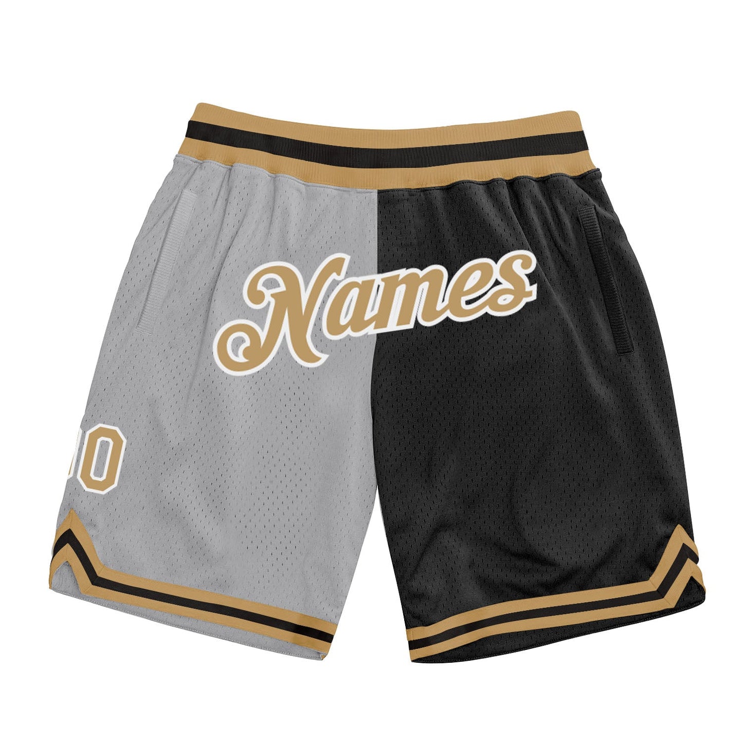 Custom Gray Old Gold-Black Authentic Throwback Split Fashion Basketball Shorts - Main View