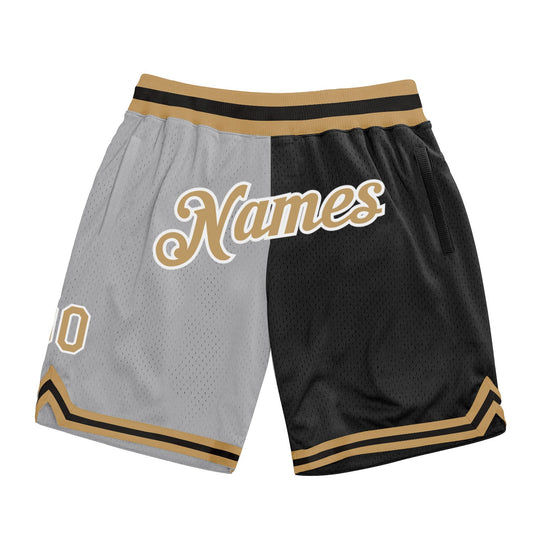 Custom Gray Old Gold-Black Authentic Throwback Split Fashion Basketball Shorts - Main View