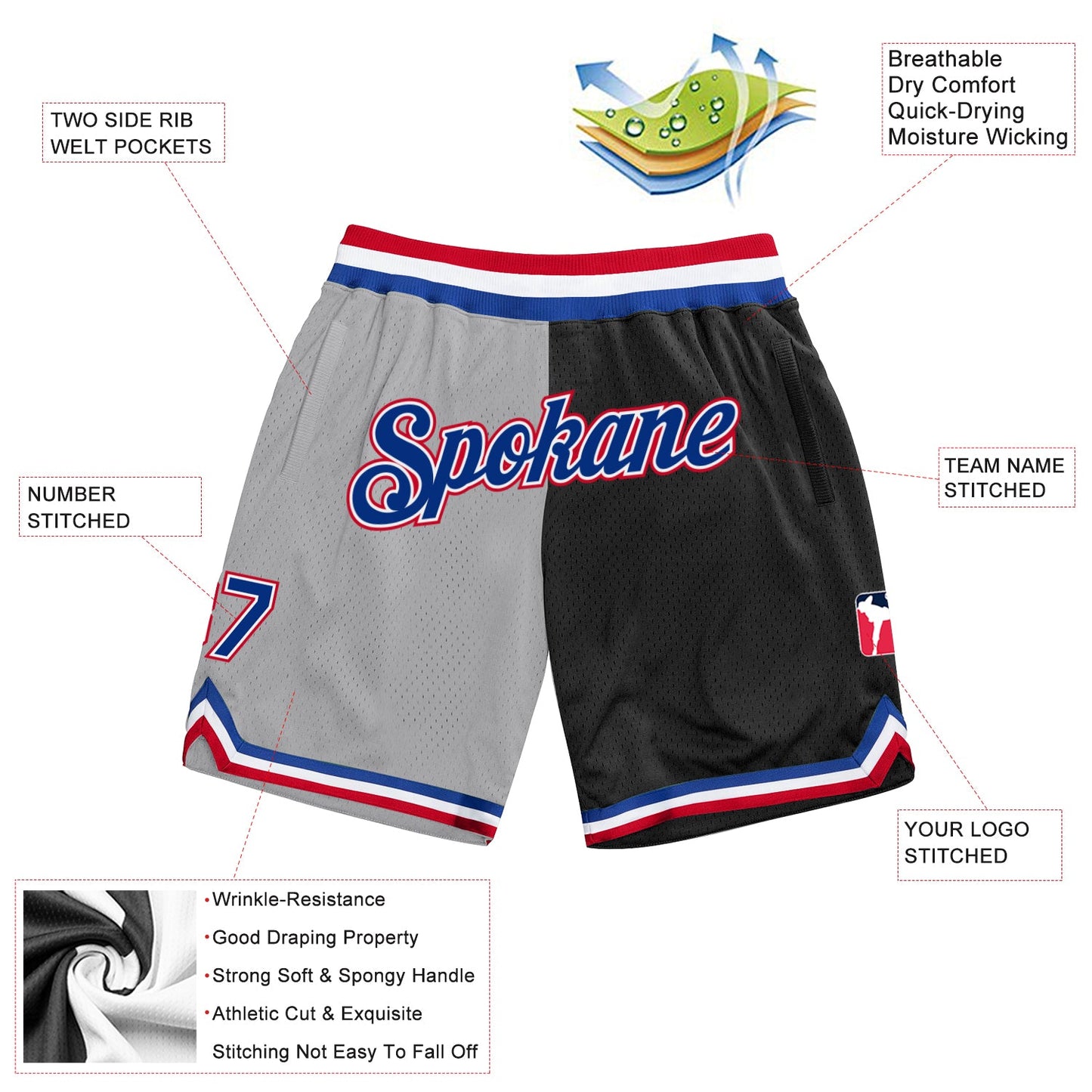 Custom Gray Royal-Black Authentic Throwback Split Fashion Basketball Shorts view 2