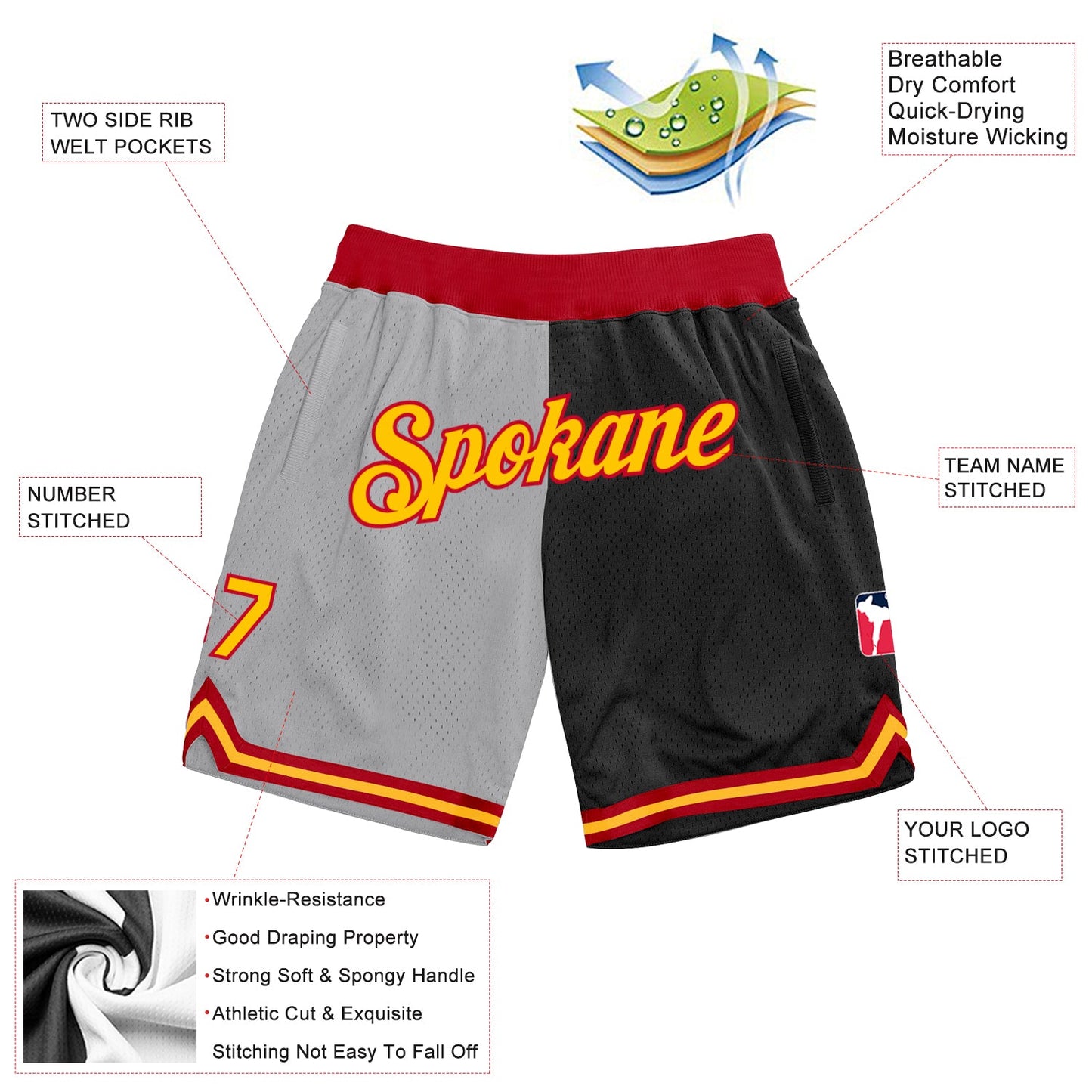 Custom Gray Gold-Black Authentic Throwback Split Fashion Basketball Shorts view 2