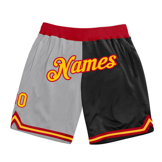 Custom Gray Gold-Black Authentic Throwback Split Fashion Basketball Shorts - Main View