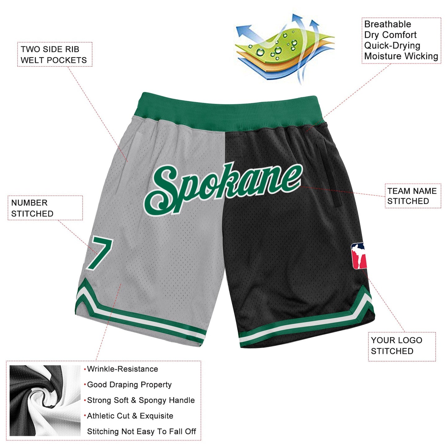 Custom Gray Kelly Green-Black Authentic Throwback Split Fashion Basketball Shorts view 2
