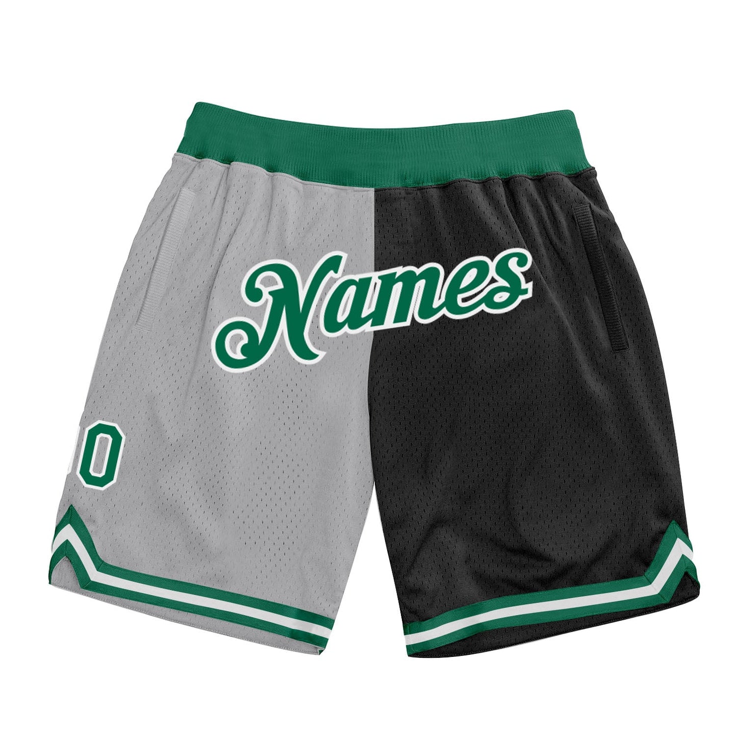 Custom Gray Kelly Green-Black Authentic Throwback Split Fashion Basketball Shorts - Main View