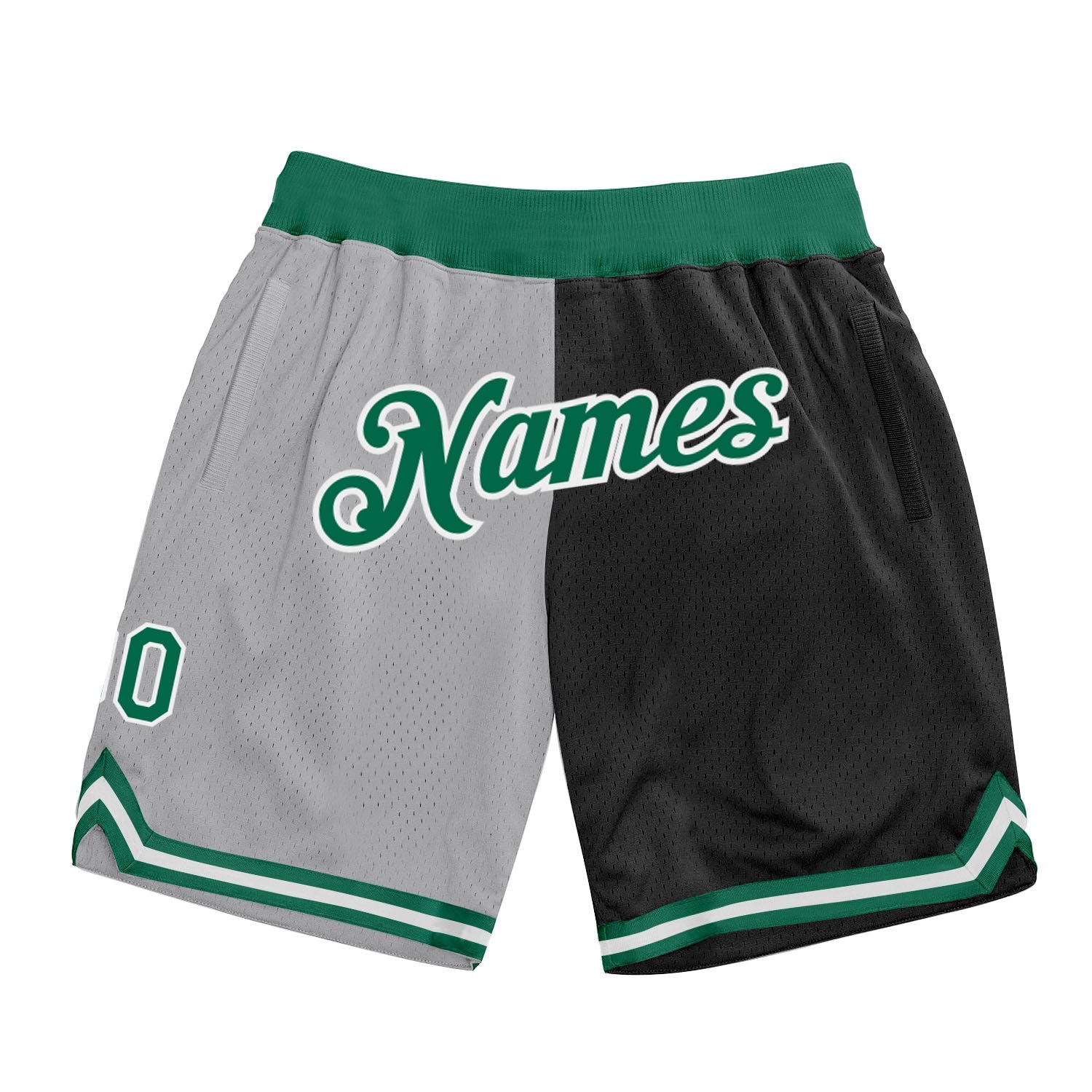 Custom Gray Kelly Green-Black Authentic Throwback Split Fashion Basketball Shorts - Main View