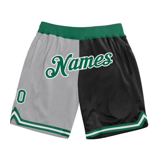 Custom Gray Kelly Green-Black Authentic Throwback Split Fashion Basketball Shorts - Main View