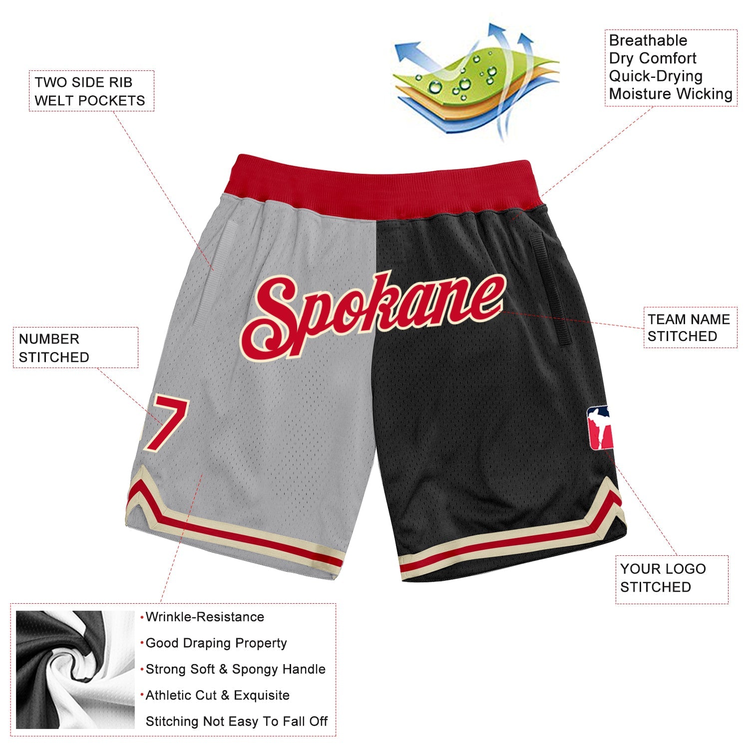 Custom Gray Red-Black Authentic Throwback Split Fashion Basketball Shorts view 2