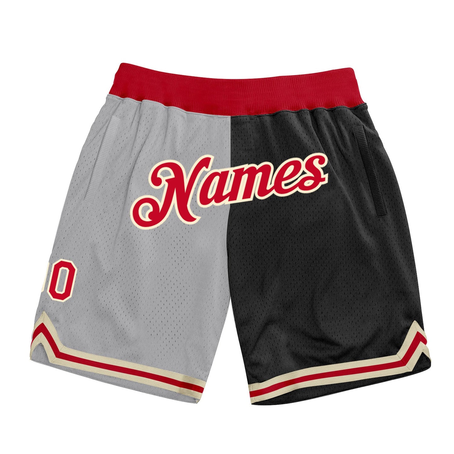 Custom Gray Red-Black Authentic Throwback Split Fashion Basketball Shorts - Main View