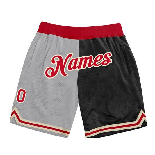 Custom Gray Red-Black Authentic Throwback Split Fashion Basketball Shorts - Main View