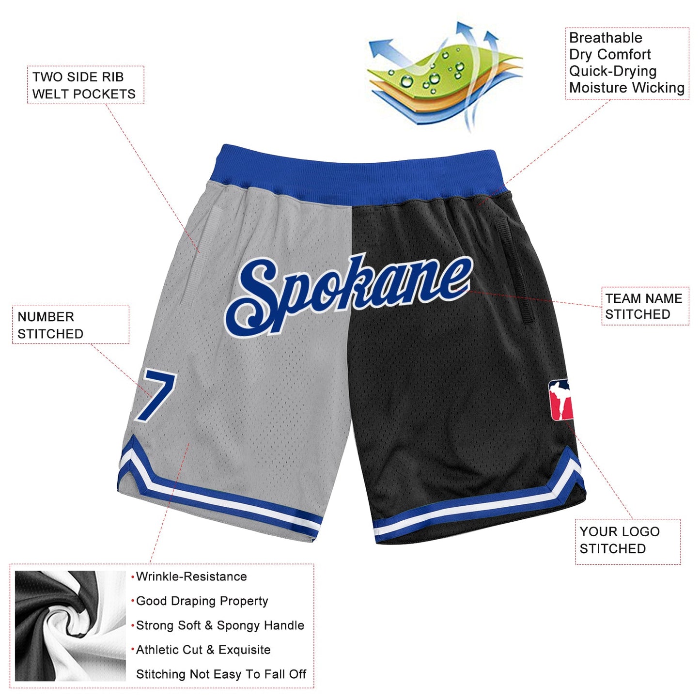 Custom Gray Royal-Black Authentic Throwback Split Fashion Basketball Shorts view 2