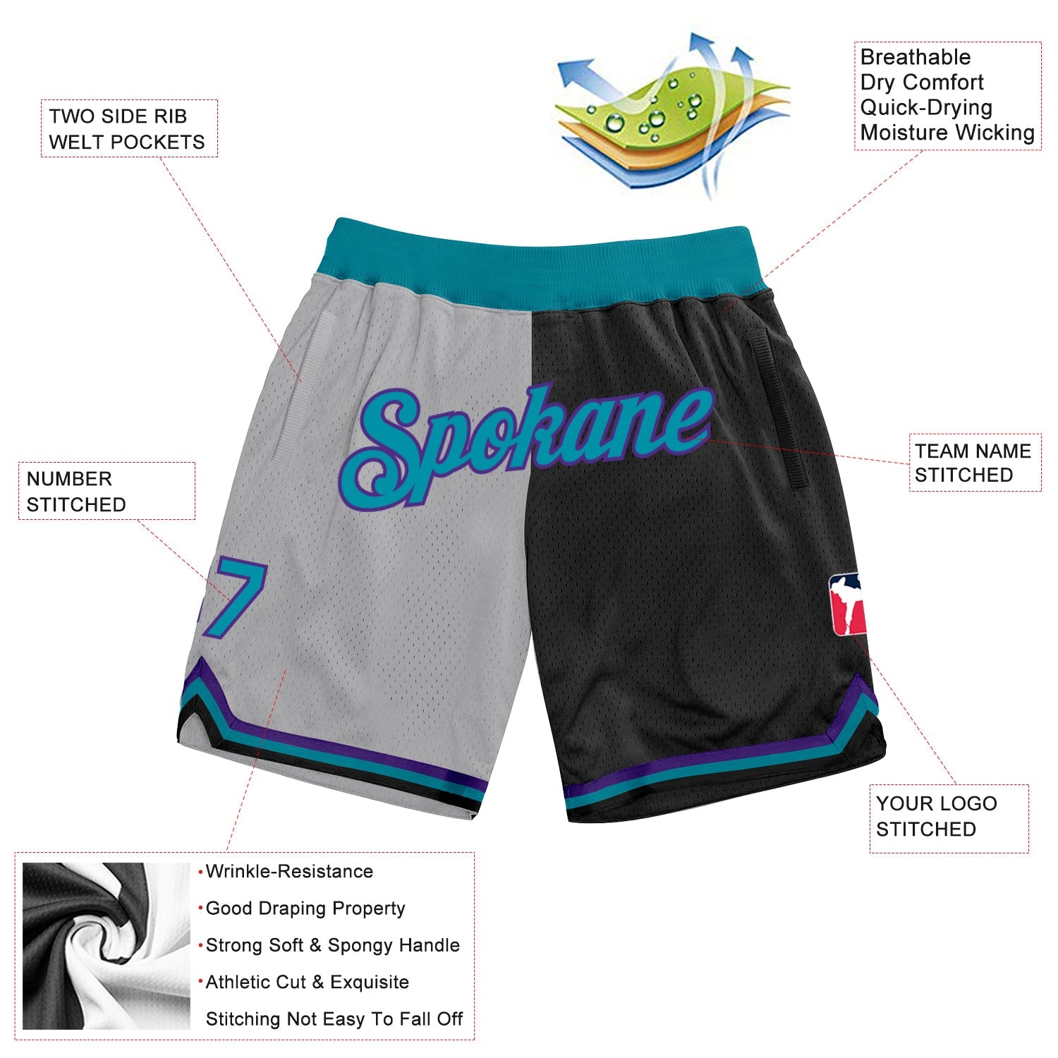Custom Gray Teal-Black Authentic Throwback Split Fashion Basketball Shorts view 2