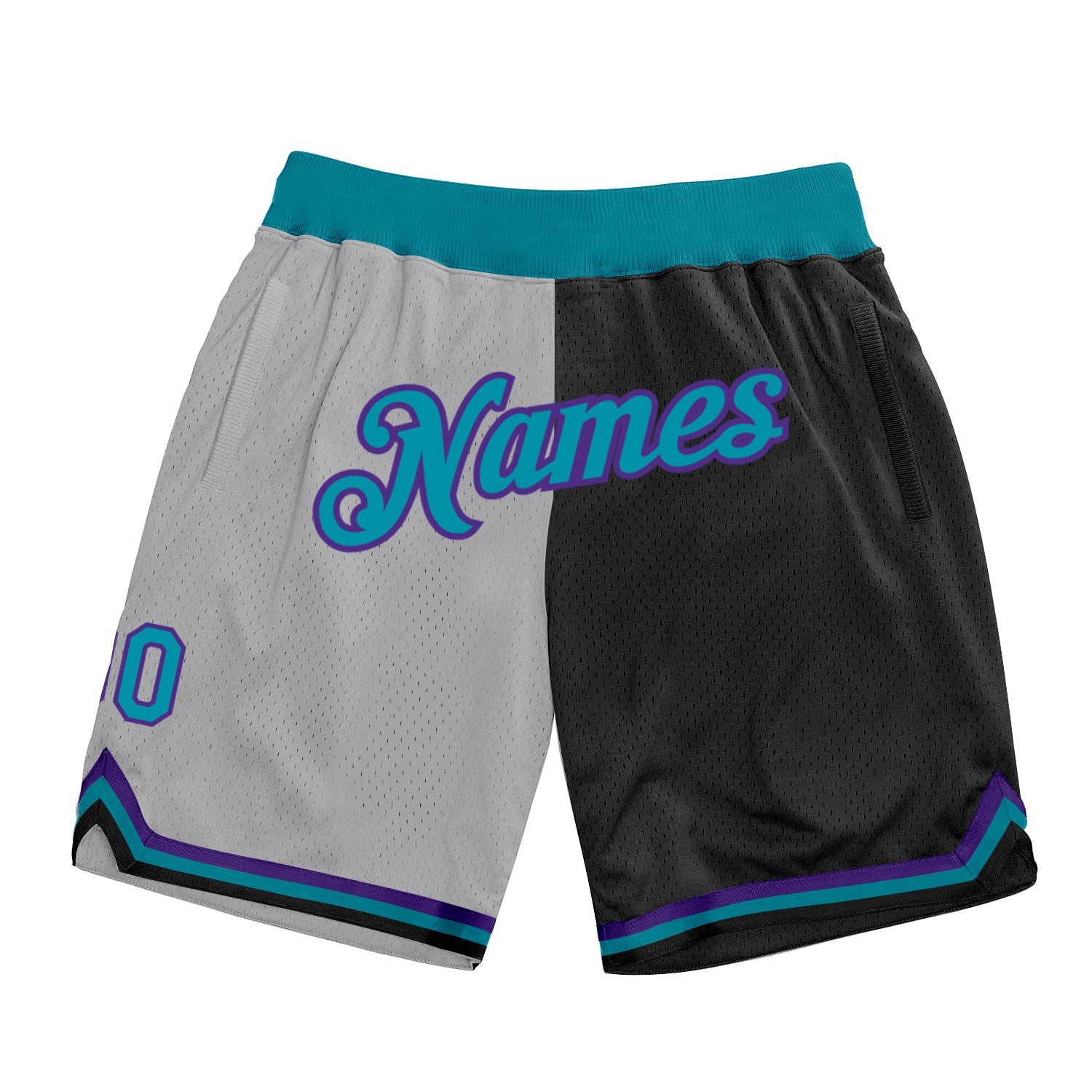 Custom Gray Teal-Black Authentic Throwback Split Fashion Basketball Shorts - Main View