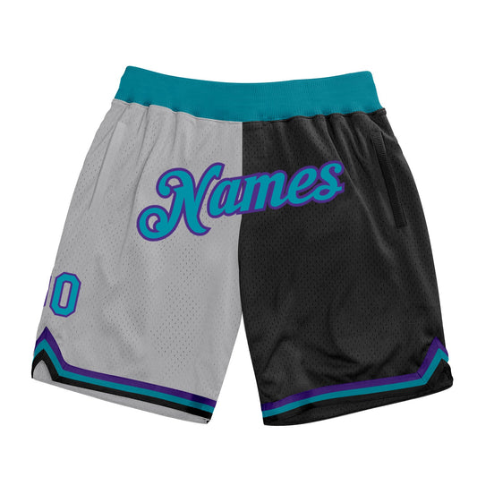 Custom Gray Teal-Black Authentic Throwback Split Fashion Basketball Shorts - Main View