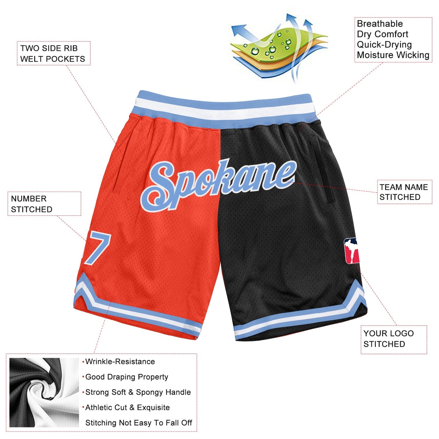 Custom Orange Light Blue-Black Authentic Throwback Split Fashion Basketball Shorts view 2