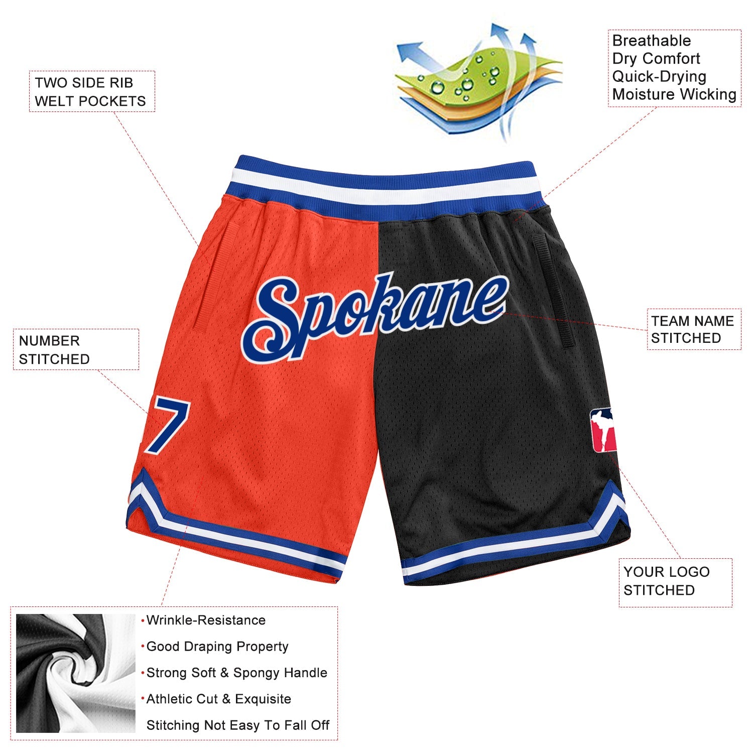 Custom Orange Royal-Black Authentic Throwback Split Fashion Basketball Shorts view 2