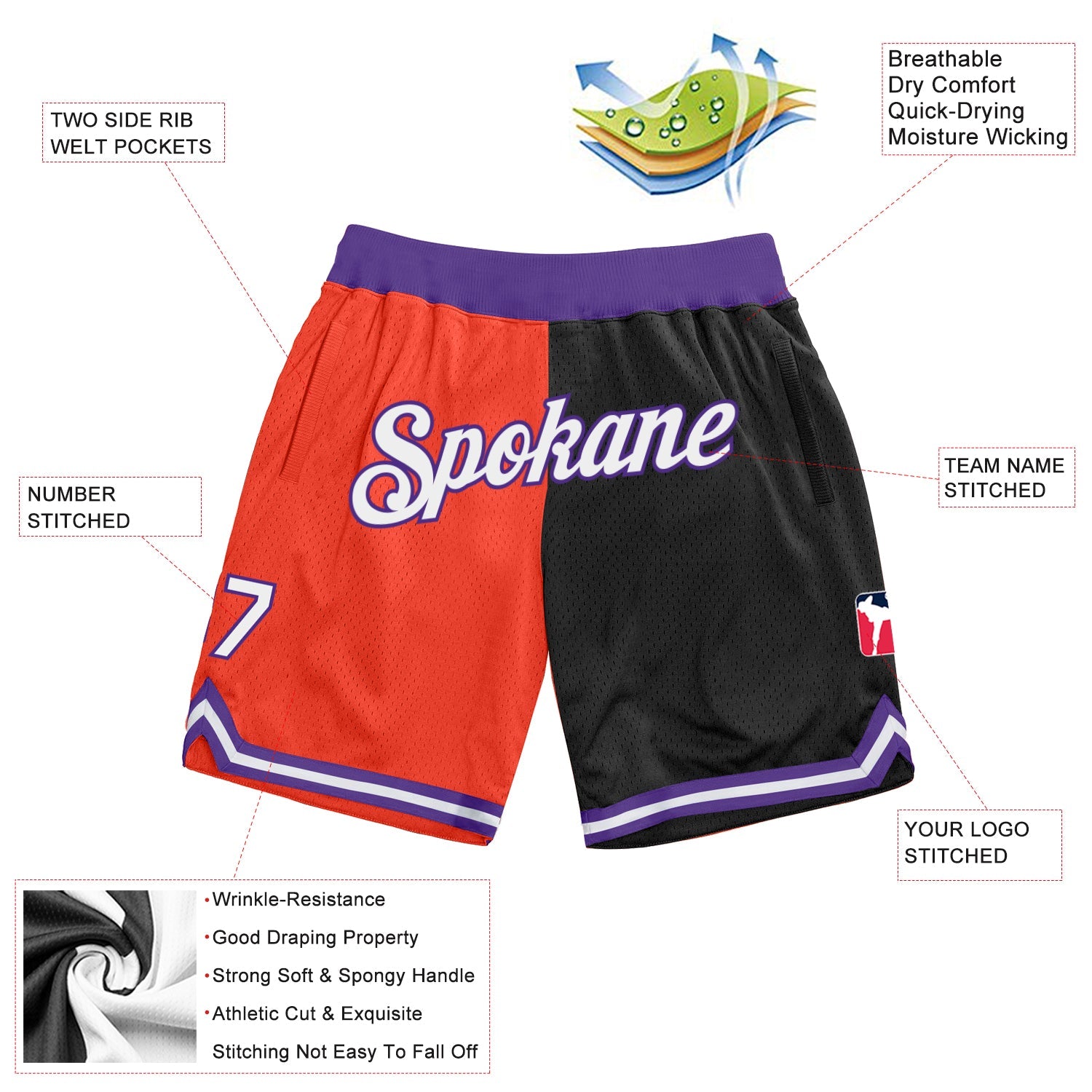 Custom Orange White-Black Authentic Throwback Split Fashion Basketball Shorts view 2