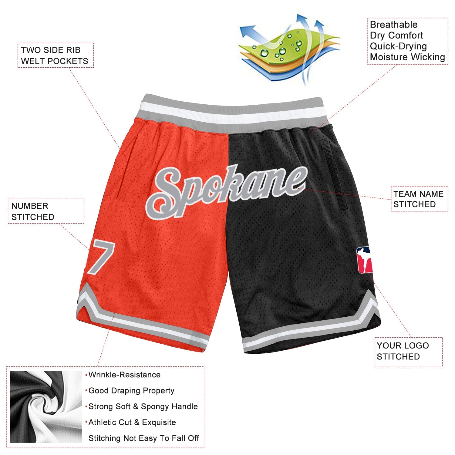 Custom Orange Gray-Black Authentic Throwback Split Fashion Basketball Shorts view 2