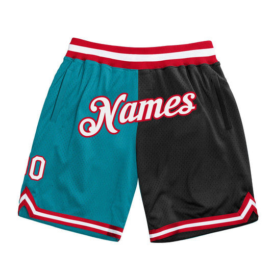 Custom Teal White-Black Authentic Throwback Split Fashion Basketball Shorts - Main View