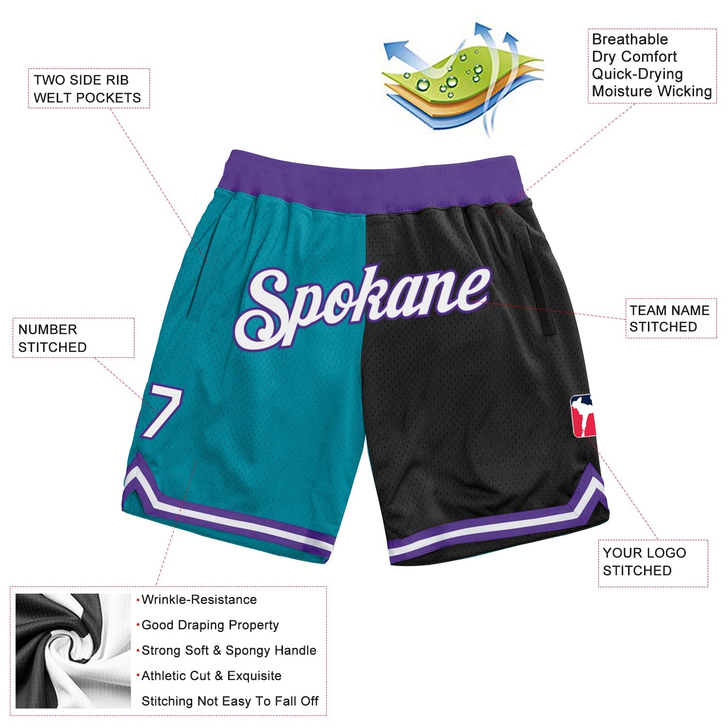 Custom Teal White-Black Authentic Throwback Split Fashion Basketball Shorts view 2