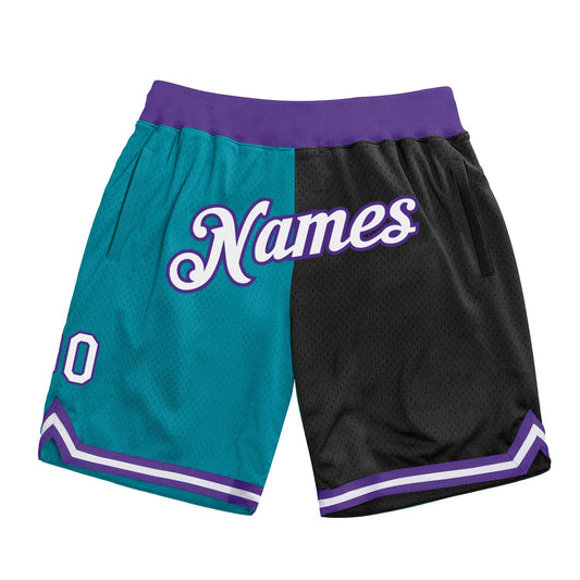 Custom Teal White-Black Authentic Throwback Split Fashion Basketball Shorts - Main View