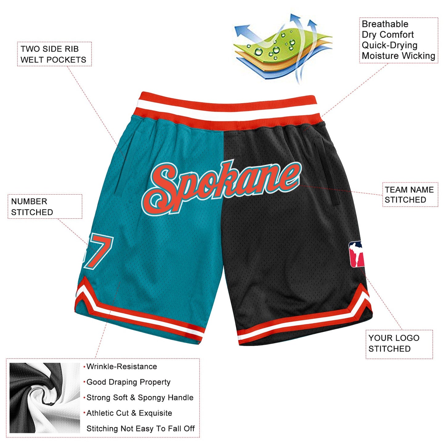 Custom Teal Orange-Black Authentic Throwback Split Fashion Basketball Shorts view 2
