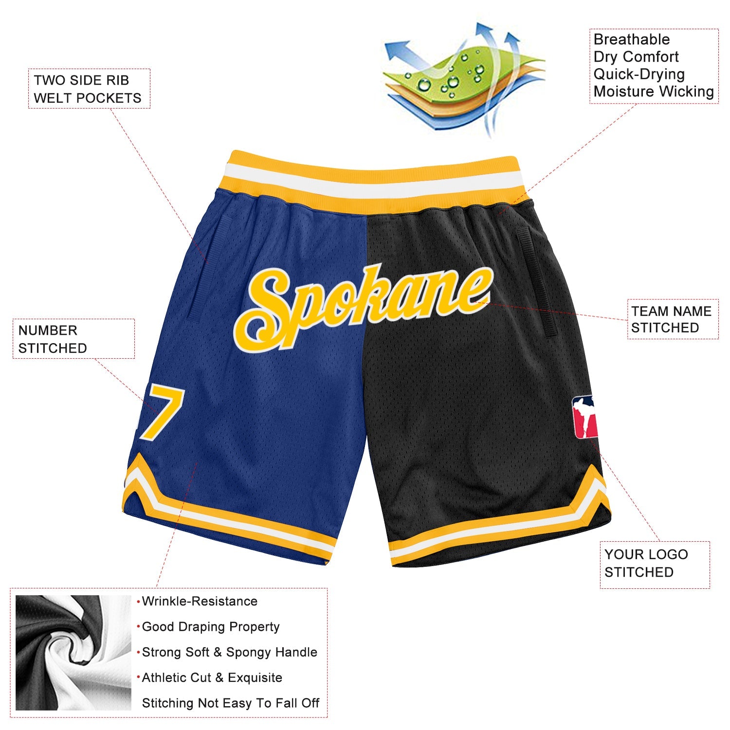 Custom Royal Gold-Black Authentic Throwback Split Fashion Basketball Shorts view 2