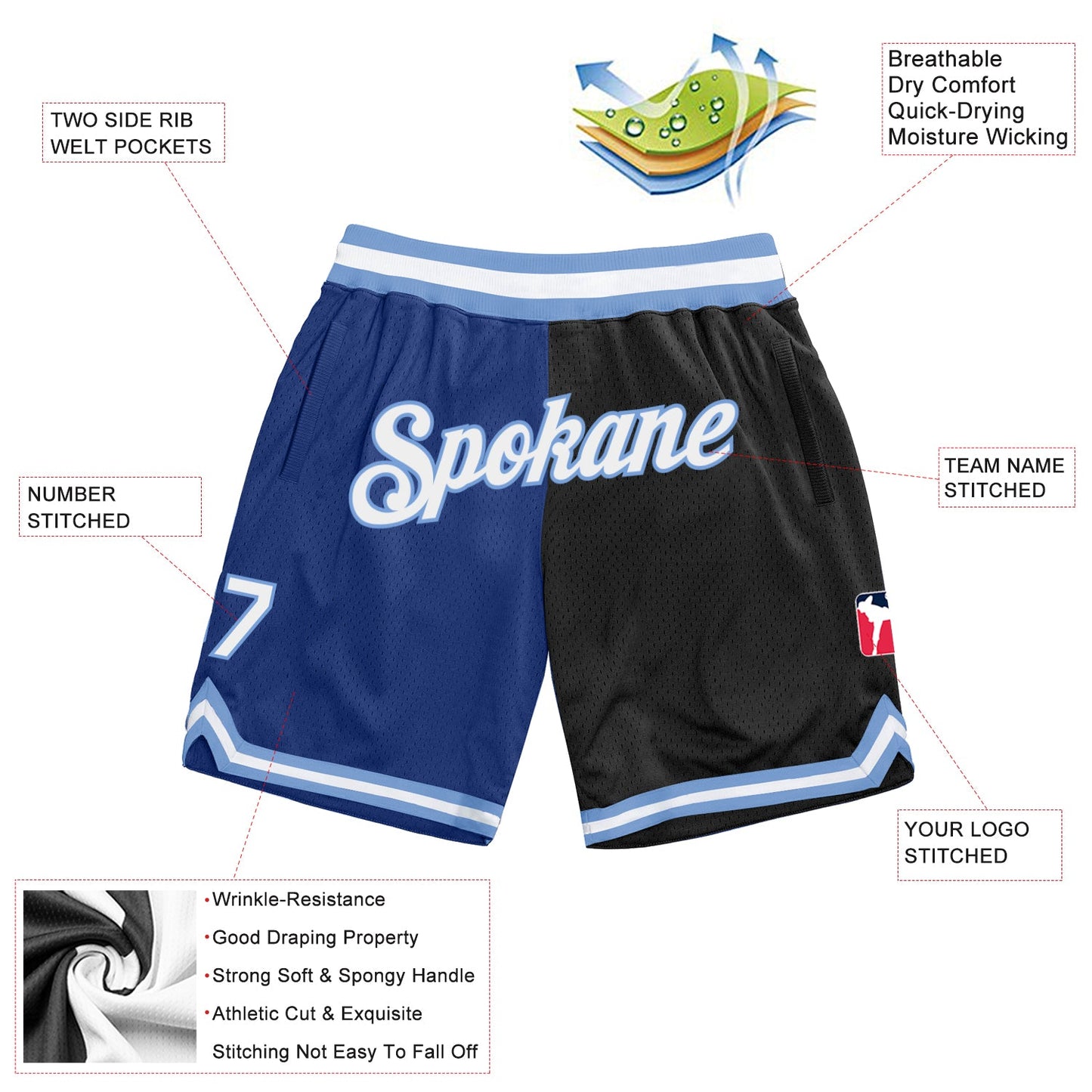 Custom Royal White-Black Authentic Throwback Split Fashion Basketball Shorts view 2