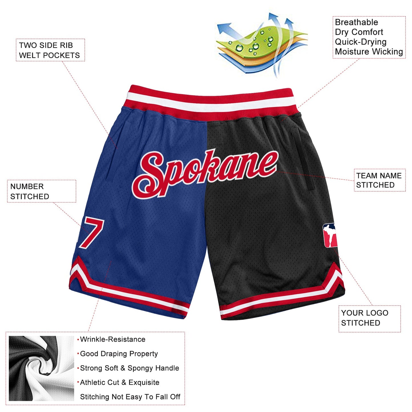 Custom Royal Red-Black Authentic Throwback Split Fashion Basketball Shorts view 2