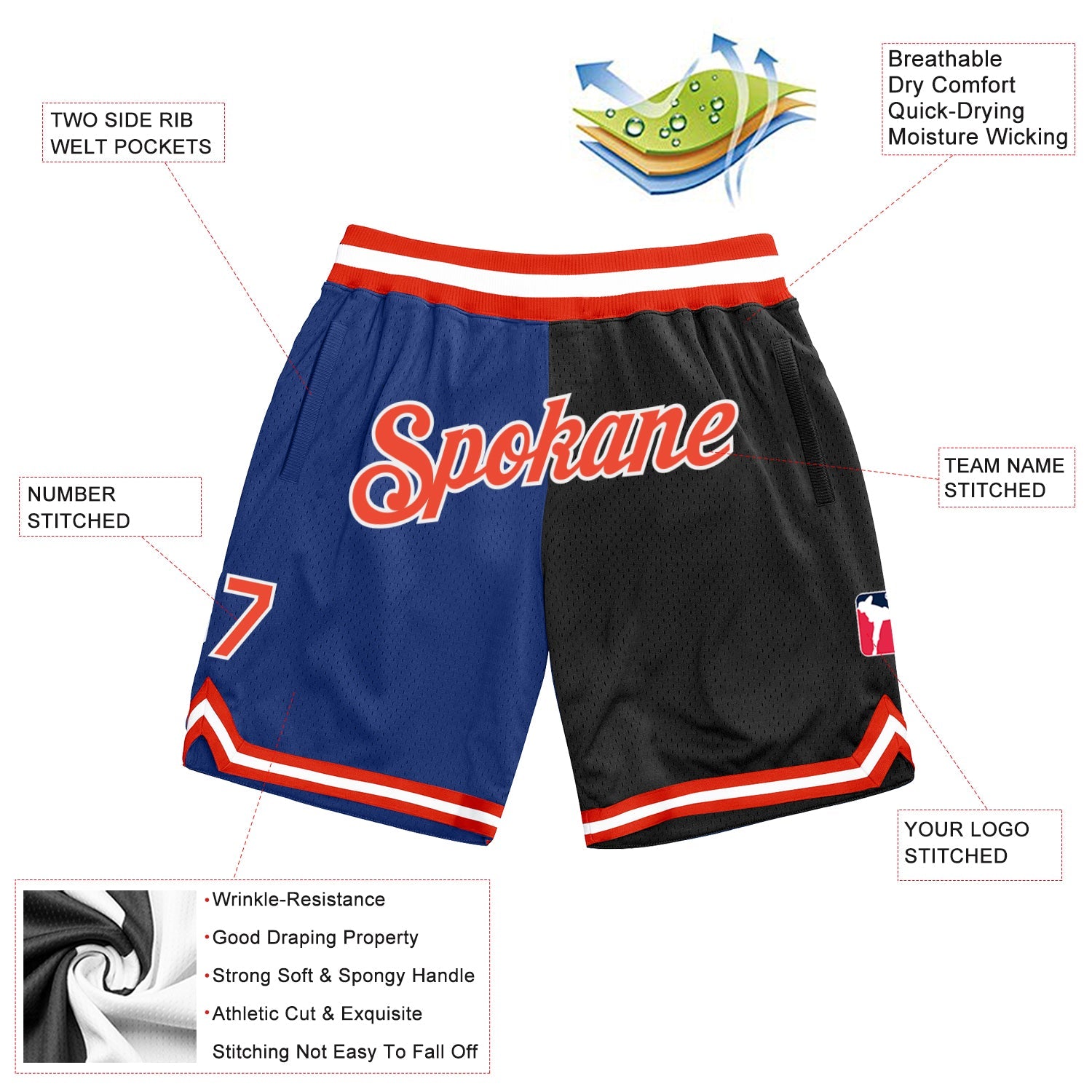 Custom Royal Orange-Black Authentic Throwback Split Fashion Basketball Shorts view 2
