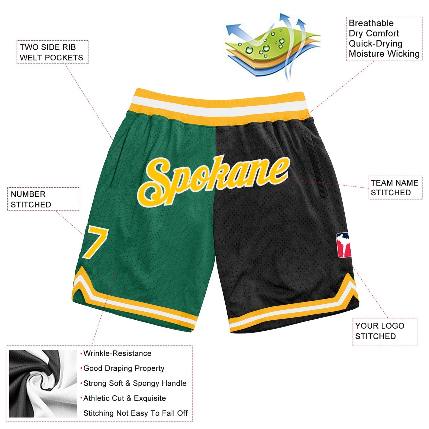 Custom Kelly Green Gold-Black Authentic Throwback Split Fashion Basketball Shorts view 2