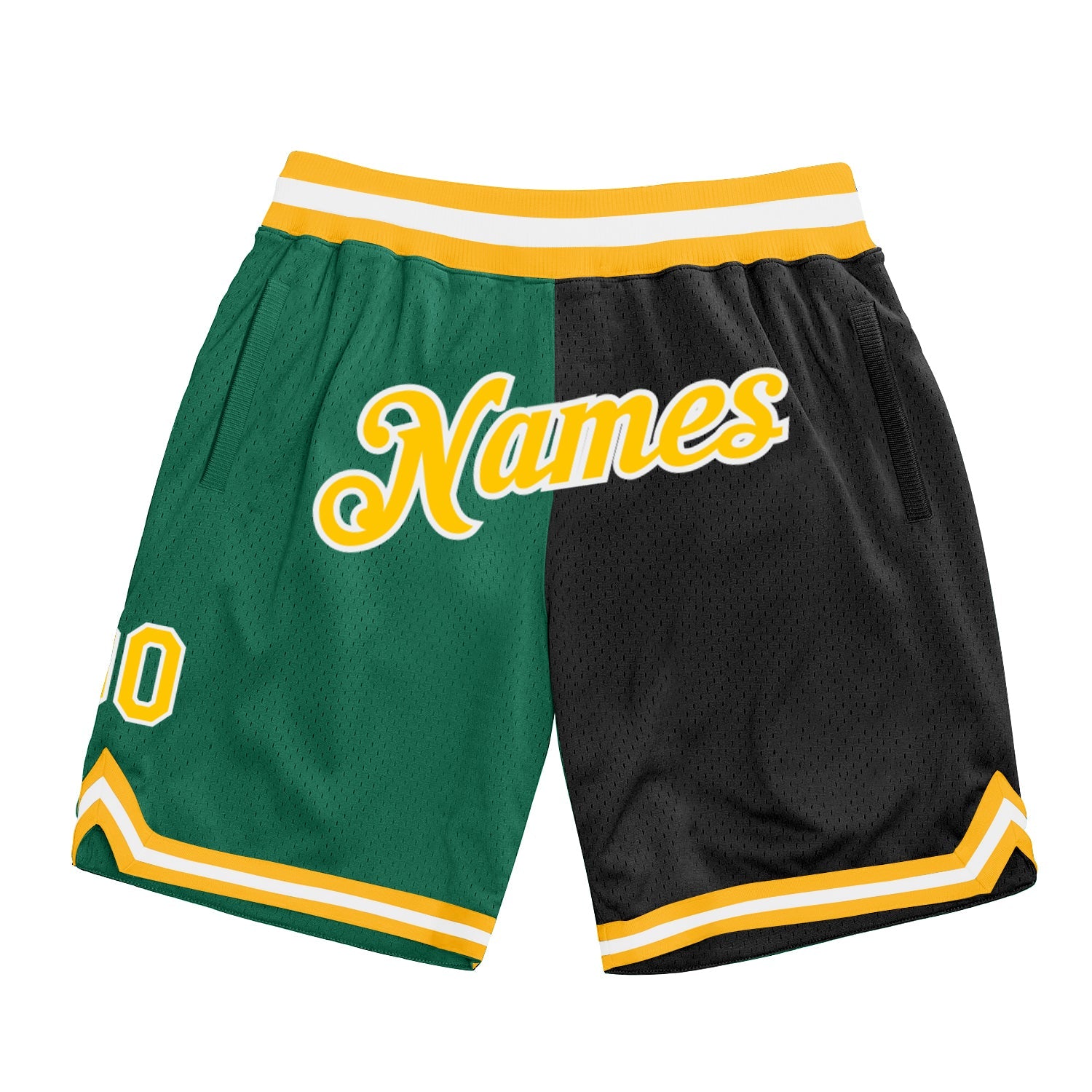 Custom Kelly Green Gold-Black Authentic Throwback Split Fashion Basketball Shorts - Main View