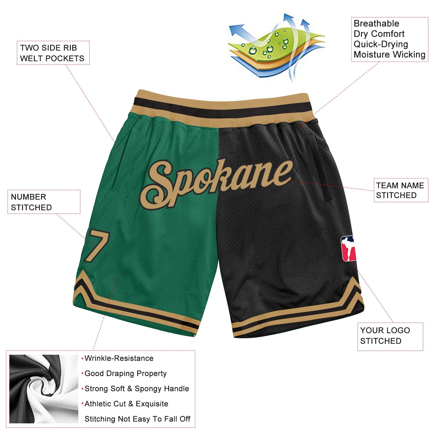 Custom Kelly Green Old Gold-Black Authentic Throwback Split Fashion Basketball Shorts view 2
