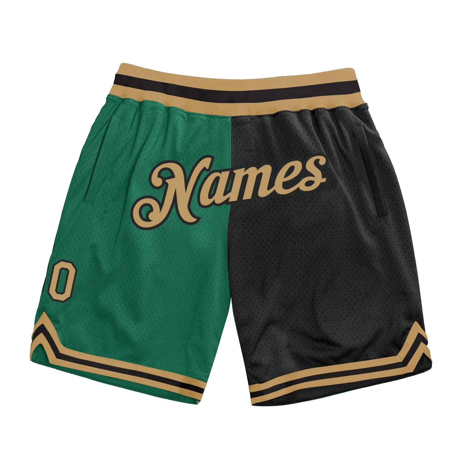 Custom Kelly Green Old Gold-Black Authentic Throwback Split Fashion Basketball Shorts - Main View