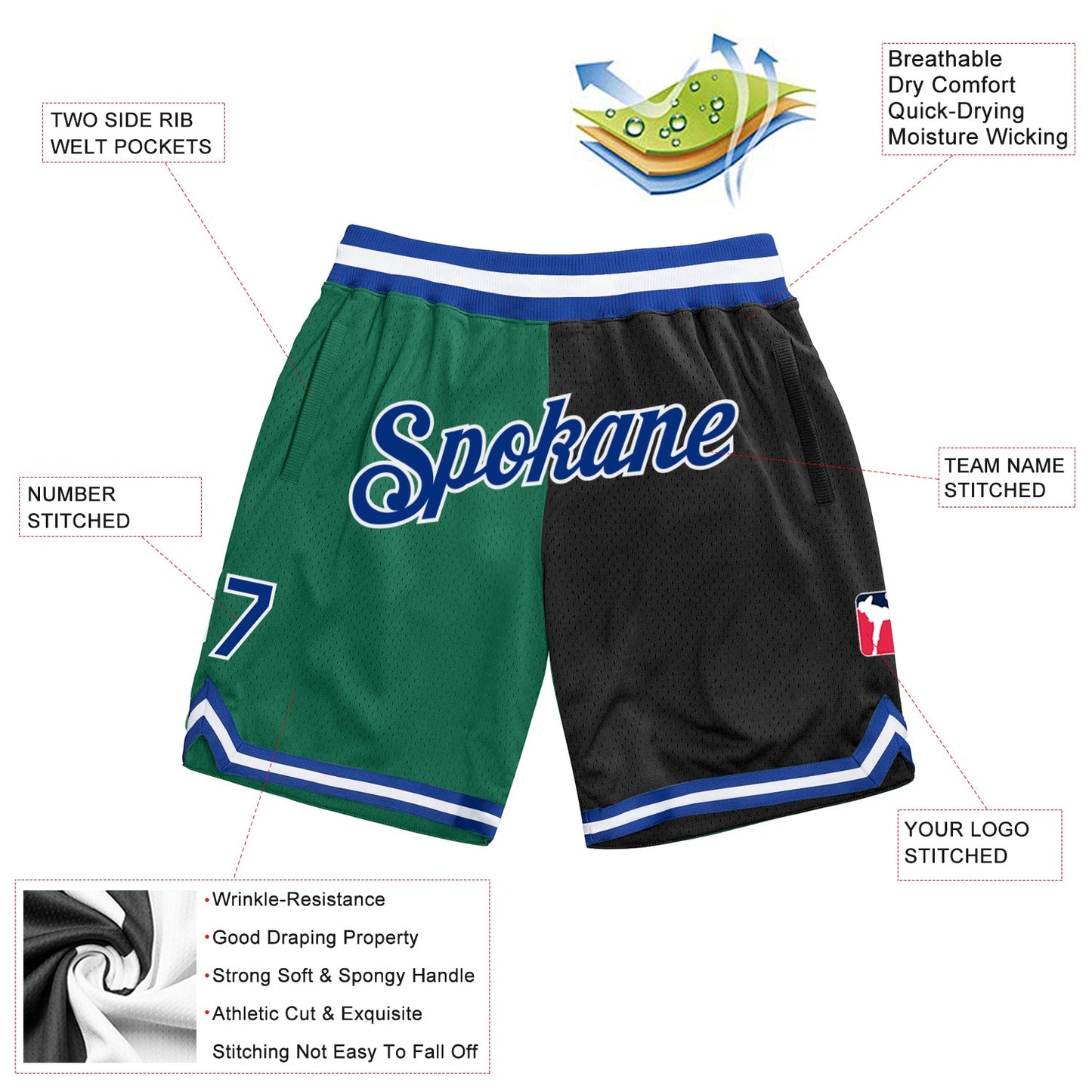 Custom Kelly Green Royal-Black Authentic Throwback Split Fashion Basketball Shorts view 2