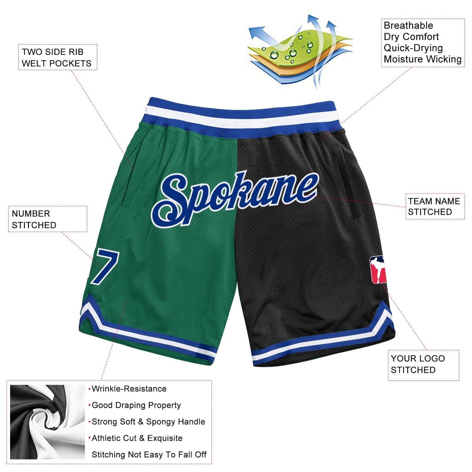 Custom Kelly Green Royal-Black Authentic Throwback Split Fashion Basketball Shorts view 2