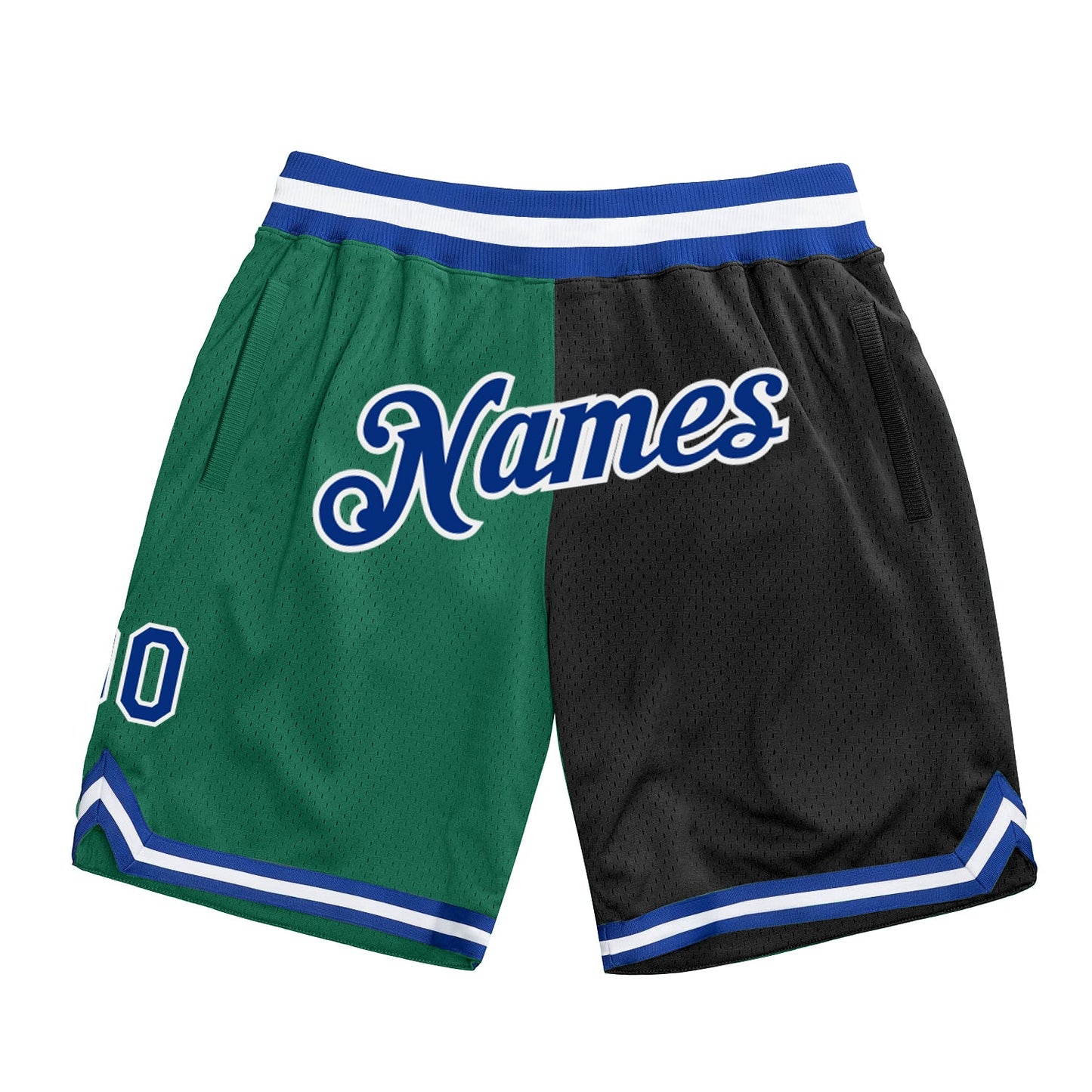 Custom Kelly Green Royal-Black Authentic Throwback Split Fashion Basketball Shorts - Main View
