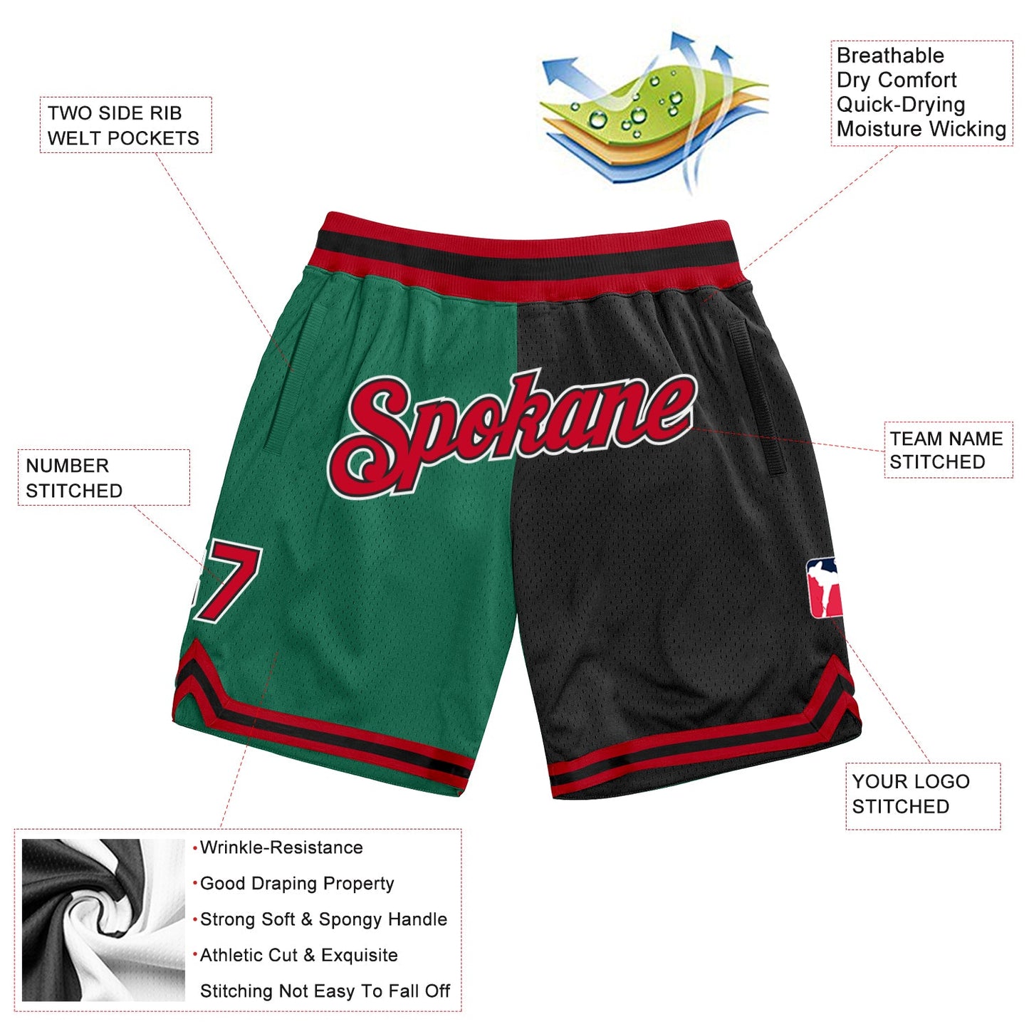 Custom Kelly Green Red-Black Authentic Throwback Split Fashion Basketball Shorts view 2