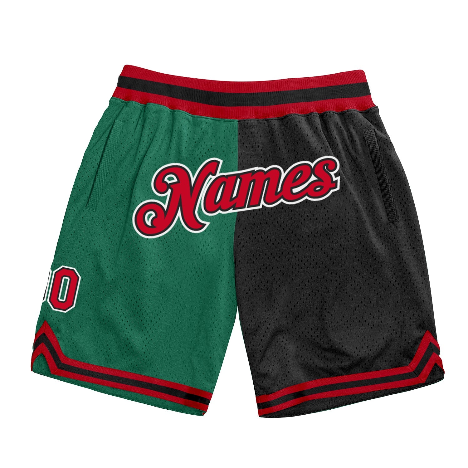 Custom Kelly Green Red-Black Authentic Throwback Split Fashion Basketball Shorts - Main View